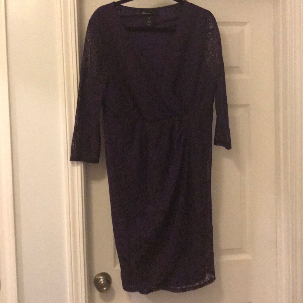 Purple 3/4 sleeve lace faux wrap dress- purple